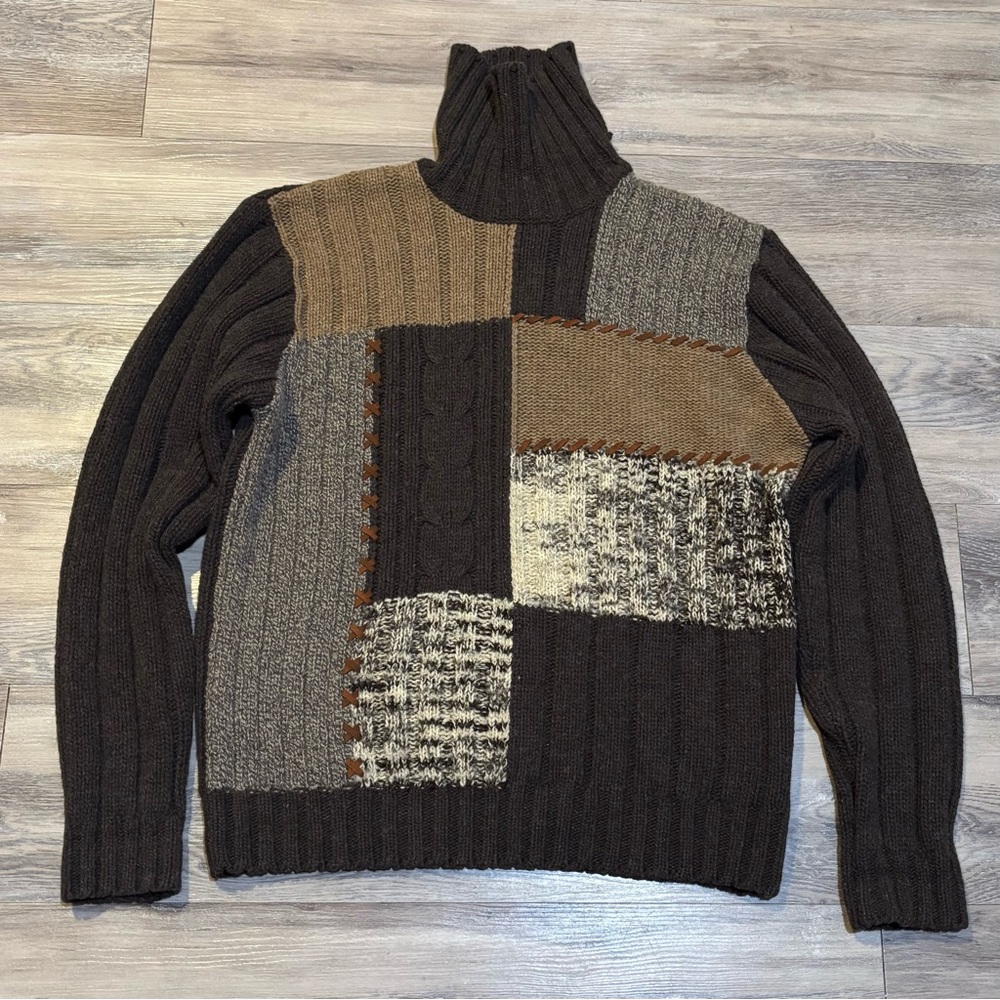 VTG BOSS Hugo Boss multi knit patch chunk wool blend turtleneck sweater men’s XL